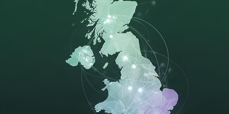 Abstract map of the United Kingdom with connected technology routes across regional business centres